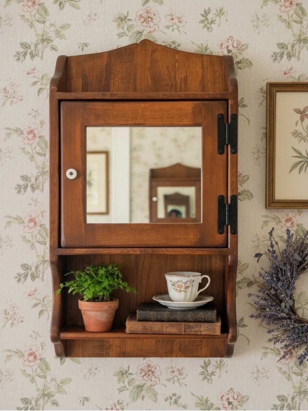 Vtg Handmade Solid Wood Wall Cabinet Shelf with Mirror Country Cottage Farmhouse